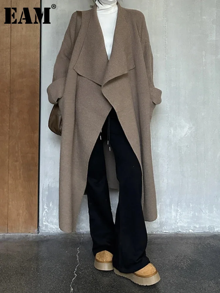 

Женский вязаный кардиган с поясом EAM, длинный свитер цвета хаки с V-образным вырезом и длинным рукавом, большие размеры, весна-осень 2024