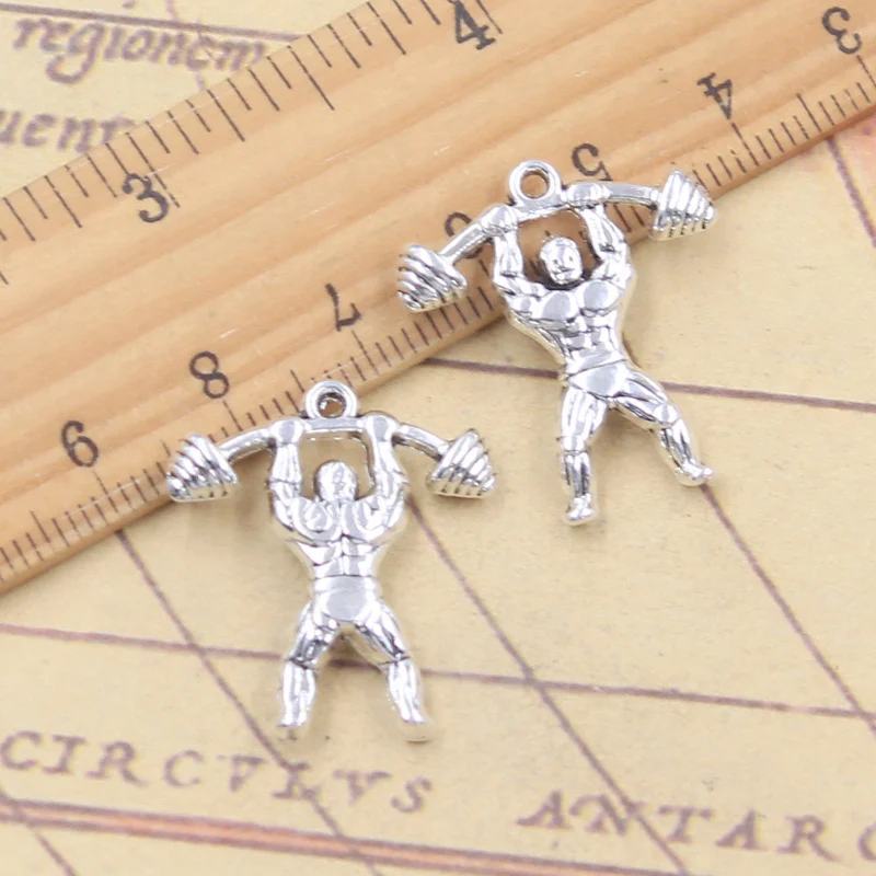 10pcs Charms Fitness Muscular Man Lifting Barbell 25x22mm Tibetan Silver Color Pendants DIY Antique Finding Handmade Making