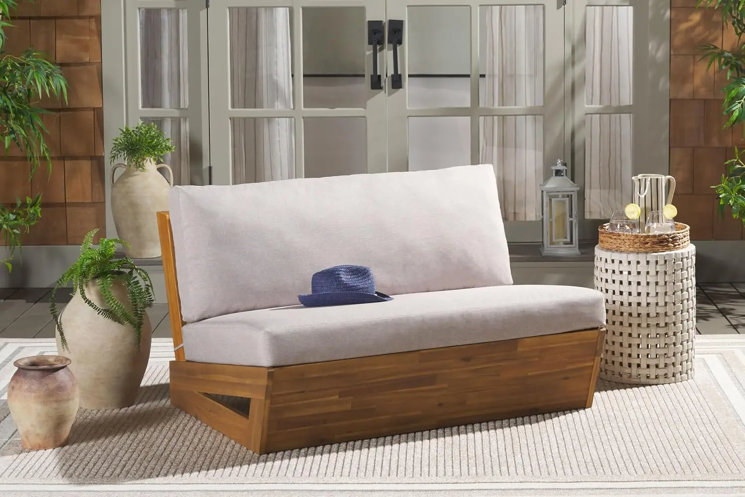 Outdoor Loveseat Sofa Solid Wood Cushion Modern Slatted Patio Deck Porch Backyard, Customized