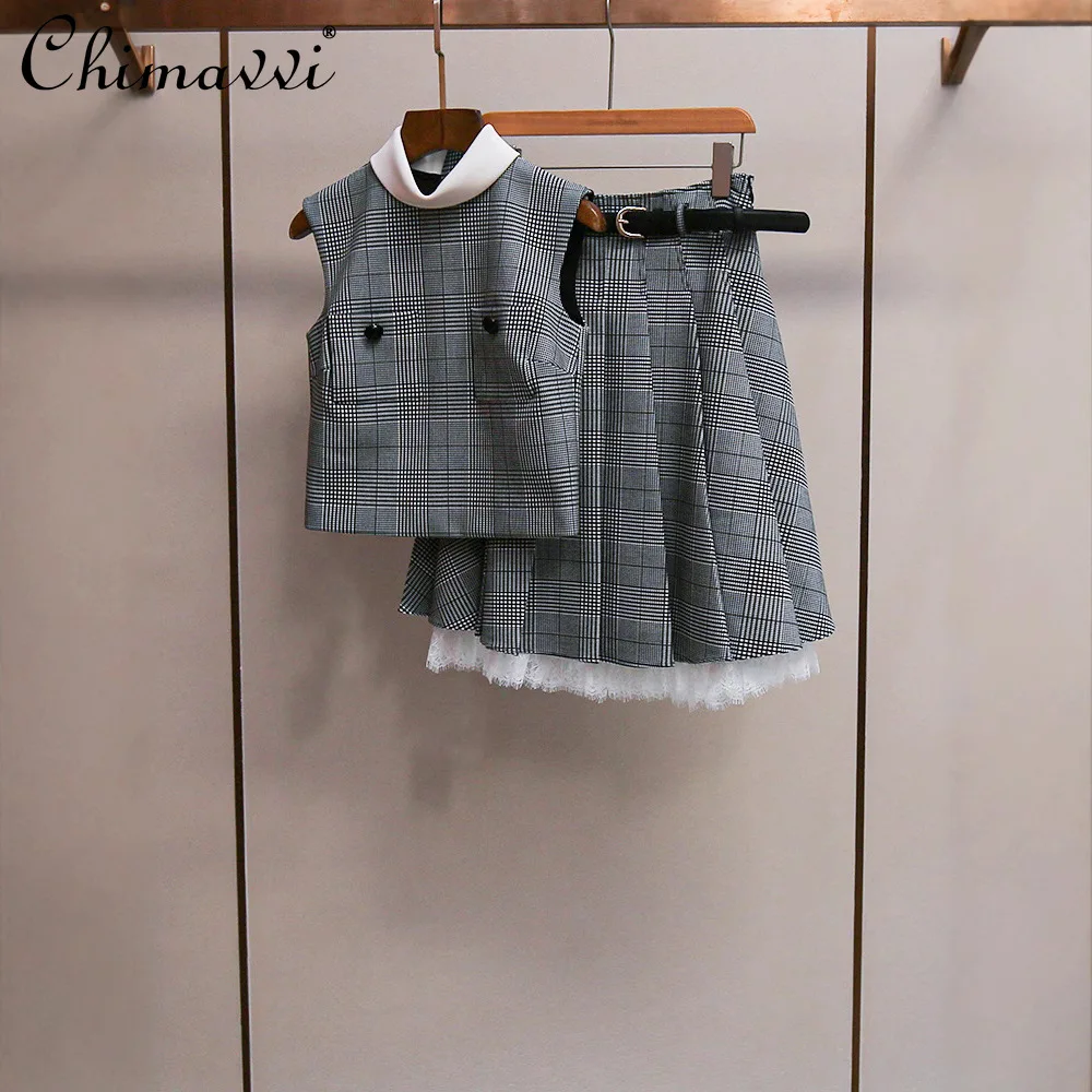

French Temperament Elegant Sleeveless Vest Short Top High Waist A-line Lace Stitching Plaid Pleated Skirt Two-piece Sets Women