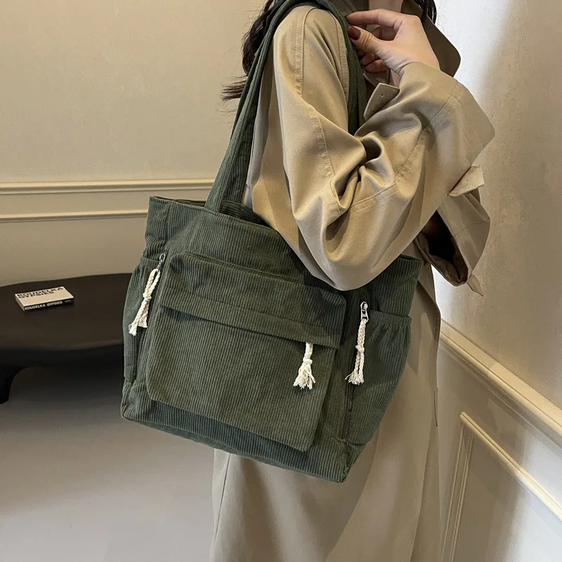 HXIA Women's Tote Bag Multiple Pockets Corduroy Casual Chic Travel Shoulder Bag Daily Commuter Handbag with Multiple Pocket