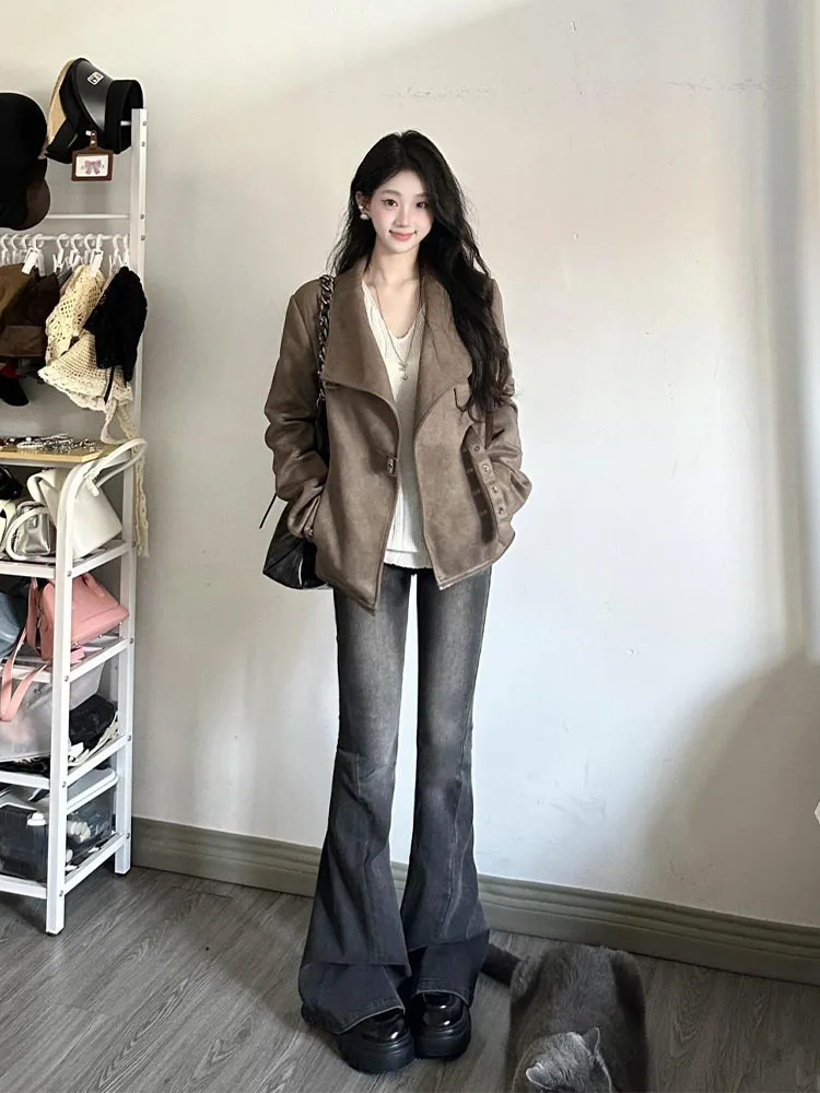 Retro americano camurça motocicleta jaet feminino primavera outono novo design gola grande elegância cintura cinch ort casaco