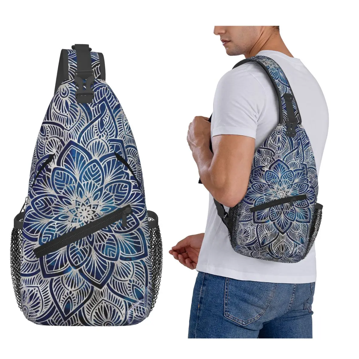 

Жемчужная Мандала на темно-синей нагрудной сумке, мужской рюкзак через плечо на слинге, нагрудная сумка, дорожный походный рюкзак, сумка на плечо