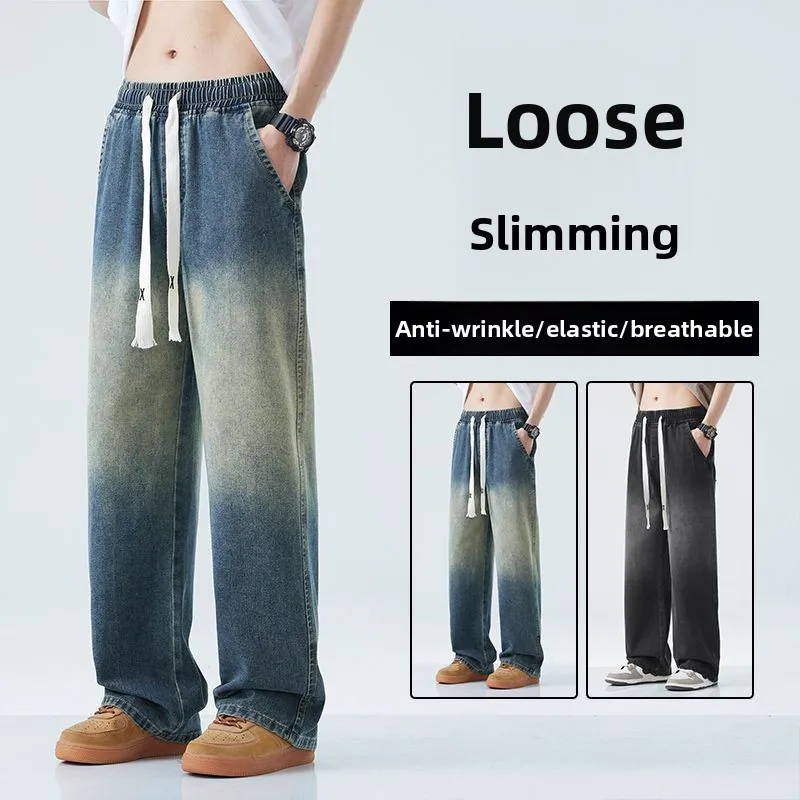 

Spring Autumn Men's American Retro Light Jeans 2025 New Straight Loose Wide Leg Pants Fashion Button Trousers Casual Jeans Pants