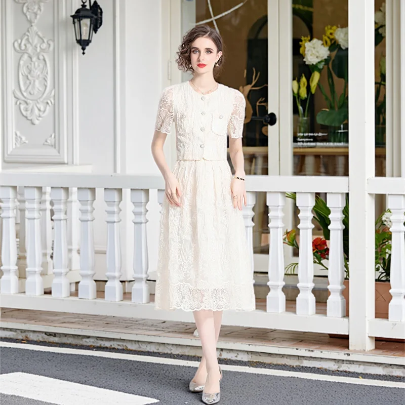  Lace Set Dress Women's Summer Short Sleeve Top Half Skirt Elegant Two-Piece Set Skirt Breathable Polyester Fiber