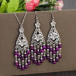 Boho Purple Beads Flower Tassel Necklace Earring Women's 2023 New Silver Color Dangle Earring Sets Vintage Jewelry bijoux