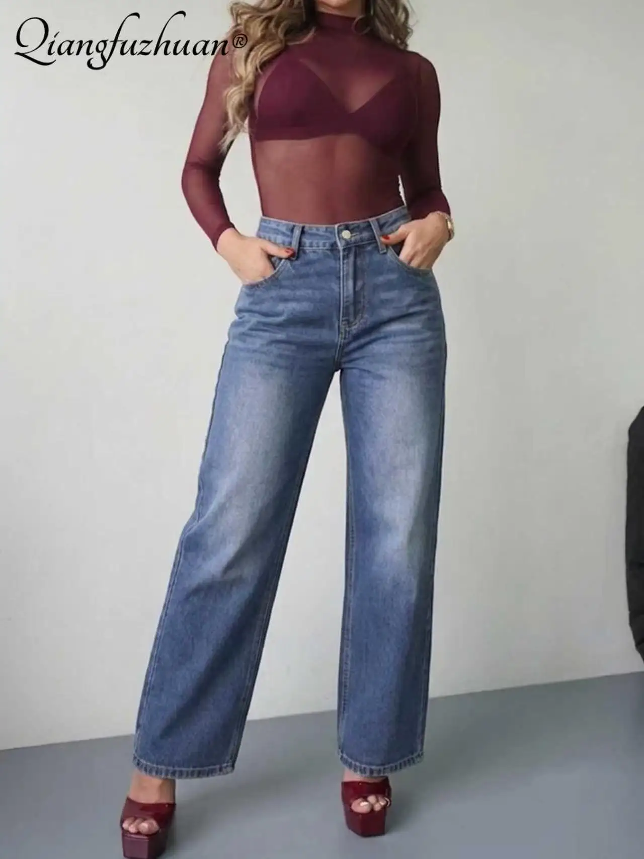 Vintage distressed denim women's straight-leg loose high-waist stretchable versatile pants