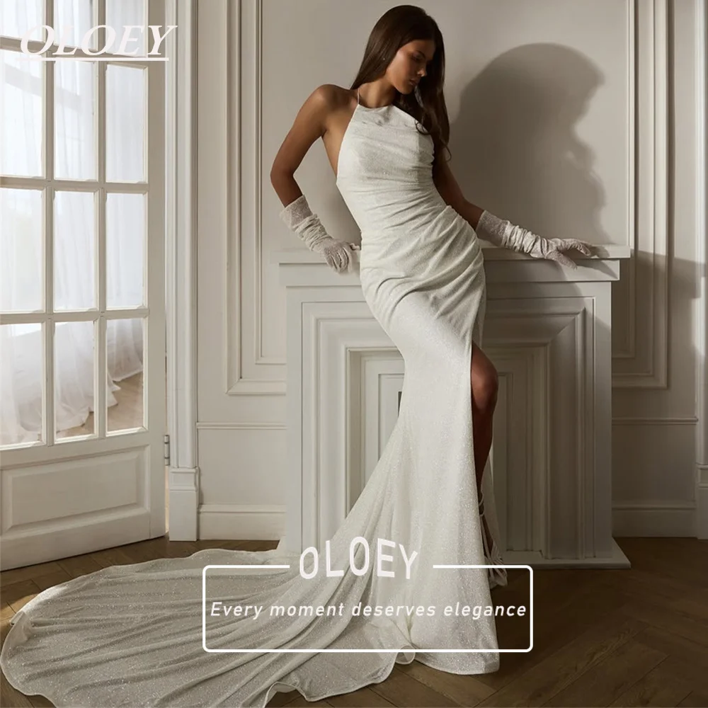 

Свадебное платье OLOEY с блестками, фасон «русалка», с открытой спиной, без рукавов, с разрезом сбоку, на заказ, со шлейфом, Robe De Mariage