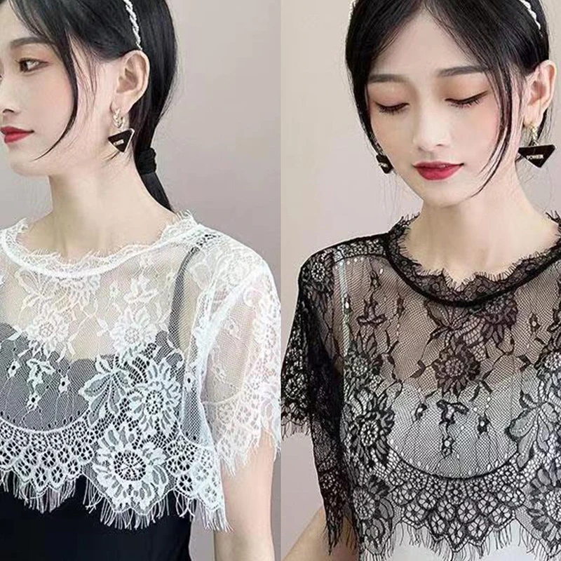 

Women Detachable Fake Collar Half Shirt Sweet Crochet Sheer Floral Lace Cover Shirt