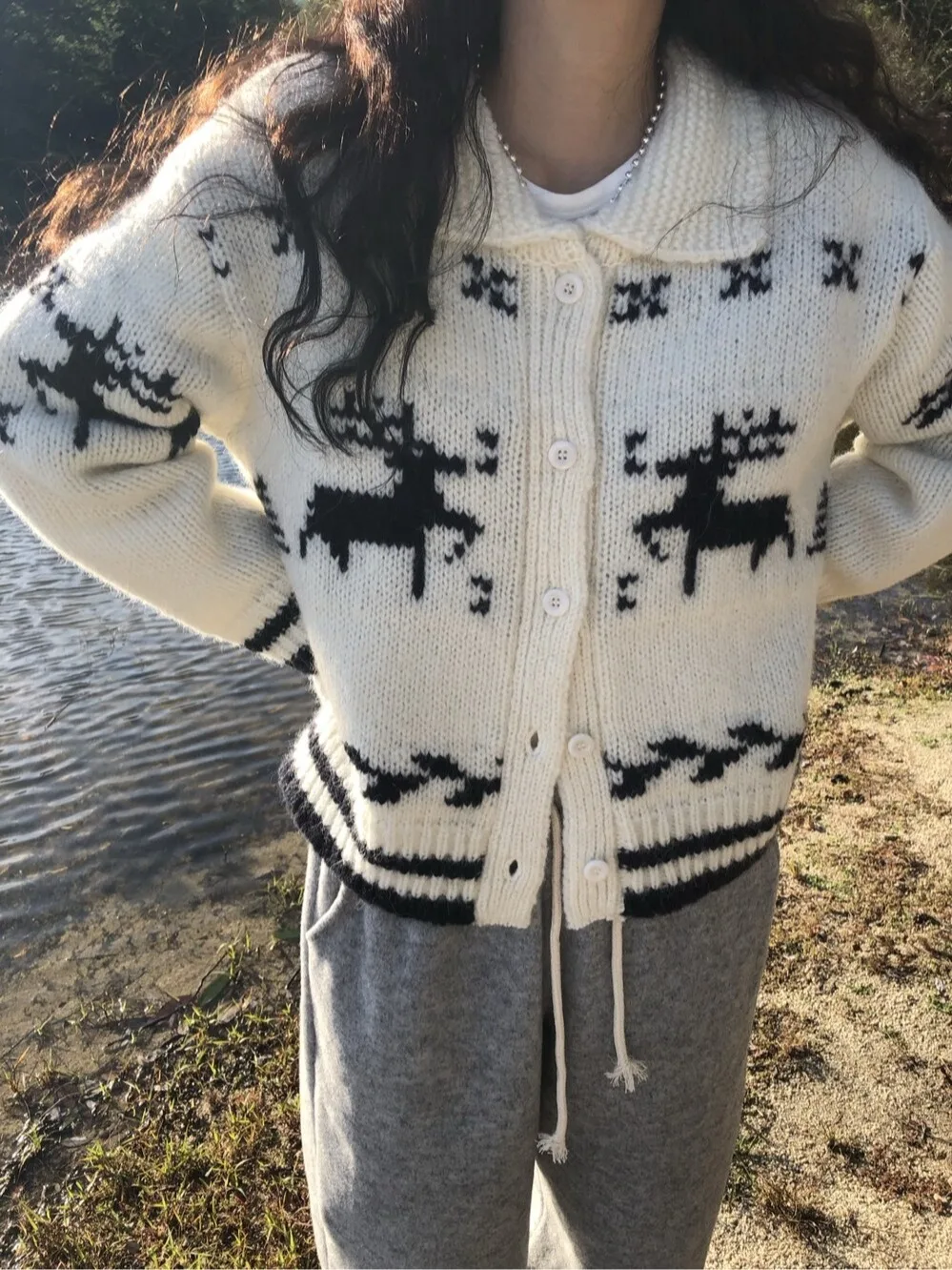 

Теплый вязаный свитер для женщин с узором оленя, осенний модный дизайн, маленький размер, длинный кукольный воротник све