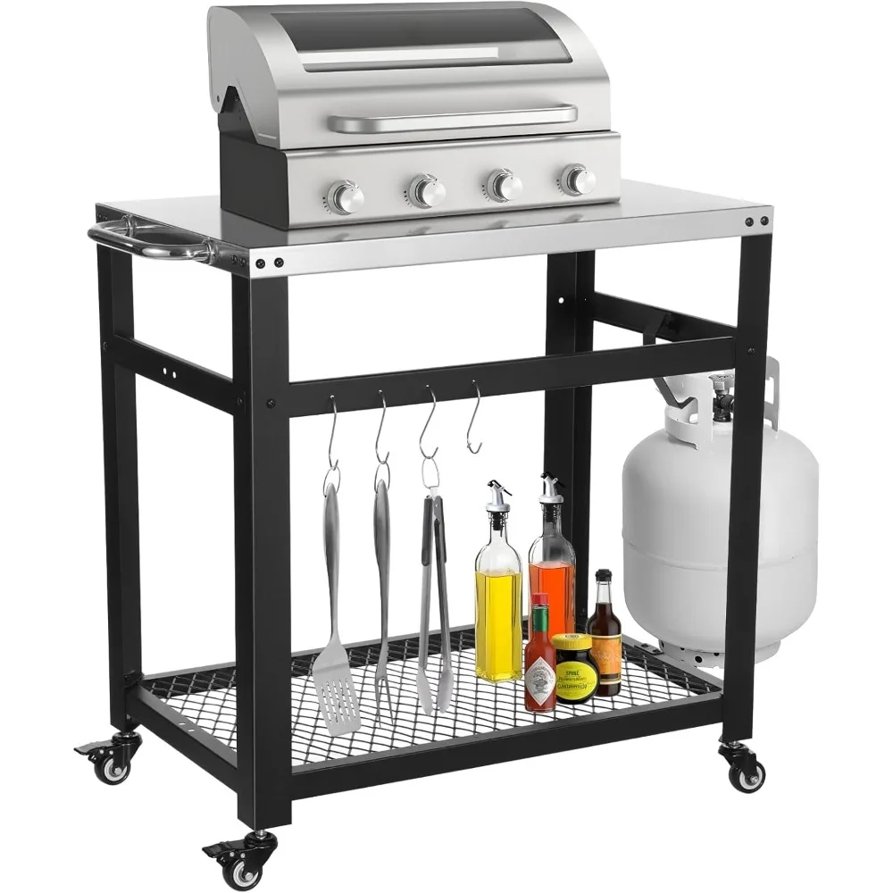 

Stainless Steel Grill Cart with Wheels, Pizza Oven Stand Trolley Table