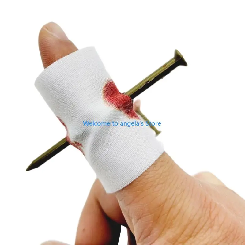 X4YC Nails Through Finger With Bandage Artificial Blood Nails Through Finger Halloween Pranking Finger Covers for Cosplay