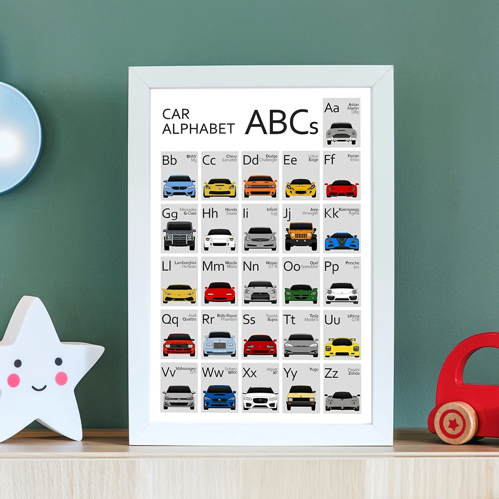 

Nursery English ABC Preschool Education Poster Cartoon Comic Sports Car Canvas Painting Racing Wall Art Kids Room Home Decor