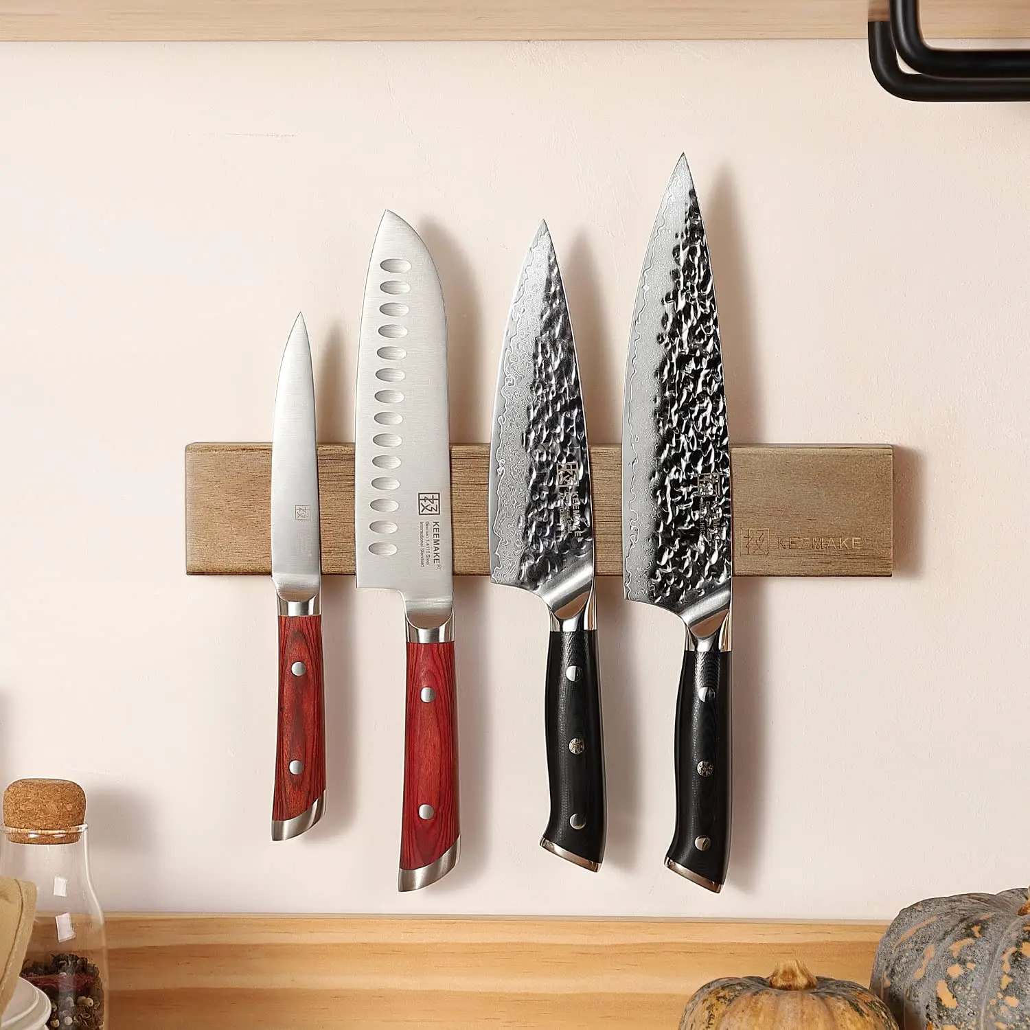 KEEMAKE Magnetic Knife Holder for Solid Wall Strip Powerful Magnet Wall Mount Acacia Wooden Knives Holder Kitchen Knife Strip