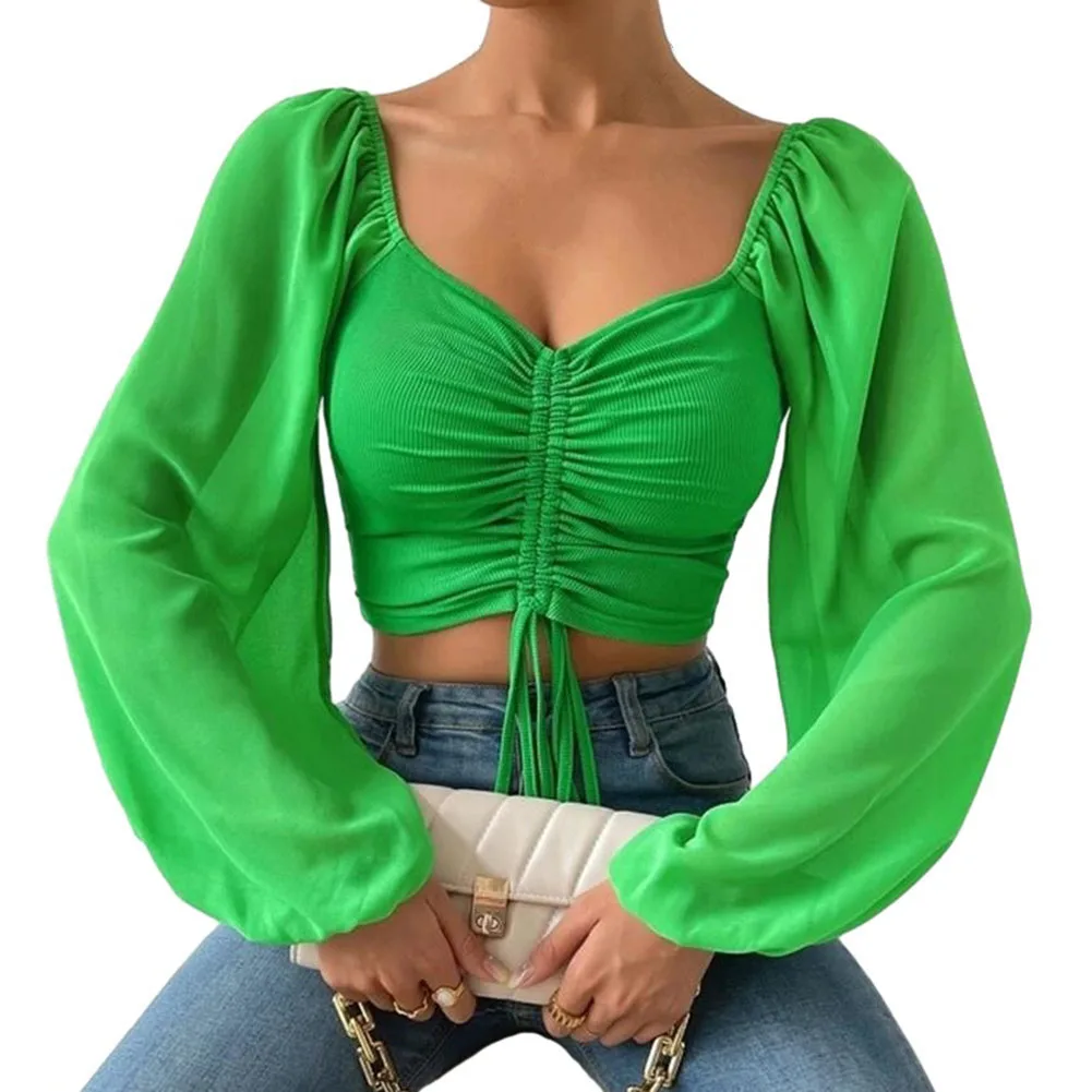 Crop Tops Drawstring Fashion New Omen Tops Puff Sleeve Sexy Close-Fitting Stylish Summer And Spring Women Tops