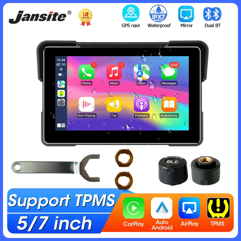 5/7-дюймовый портативный мотоциклетный GPS-навигатор для беспроводного CarPlay Android Auto Dual BT Поддержка TPMS IPX7 Водонепроницаемый ЖК-дисплей