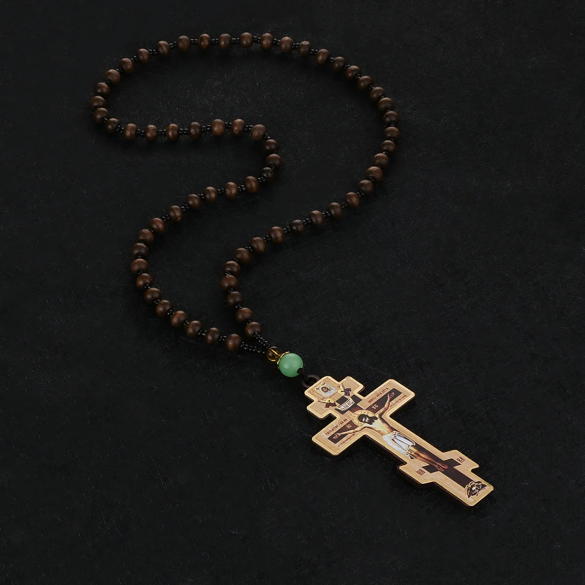 Diyalo Christian Crucifix Jesus Christ Cross Icons Pendant Necklace Orthodox Wooden Beaded Chain Necklace Car Hanging Jewelry