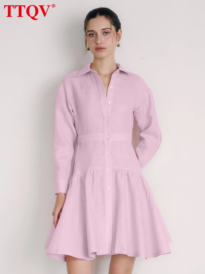 

TTQV Модное свободное розовое хлопковое женское платье 2026 года, весеннее, с отложным воротником, длинным рукавом, мини-платье, элегантное классическое плиссированное женское платье