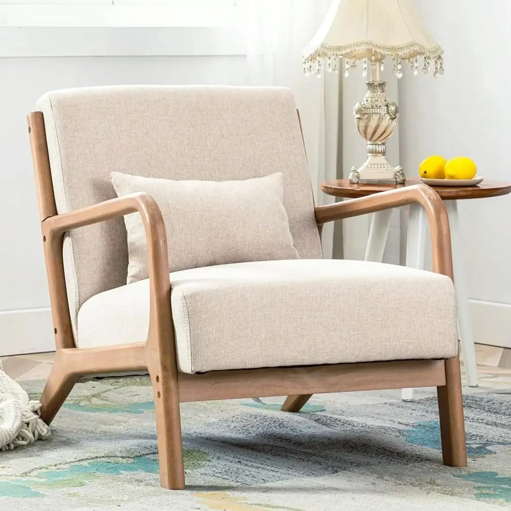Century ern Accent Chair, Comy abric Living Room Chairs with Solid Wood e, Lounge Reading Armchair, Easy Assembly, Beige