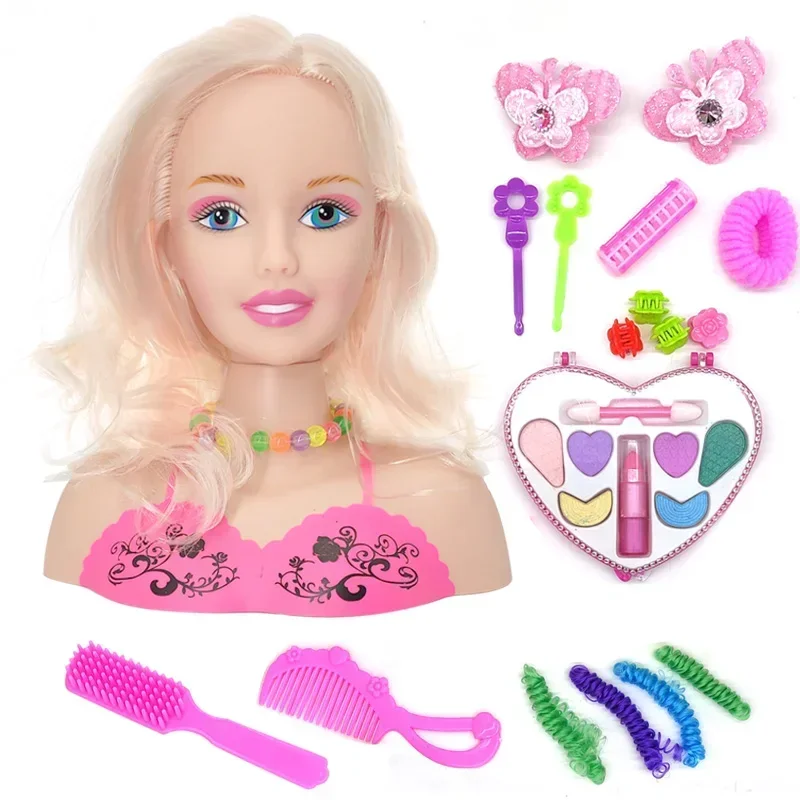 Makeup Pretend Playset for Girls, 17Pcs Hairdressing Styling Head Doll Makeup with Hair Dryer