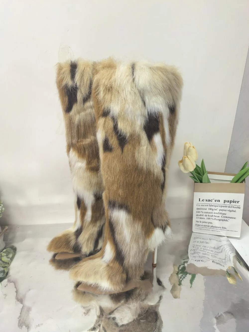 

Edgy Winter Casual Brown & White Animal-Print Faux Fur Over-the-Knee Boots Stiletto Heel Plush Fluffy Pointed-Toe Snow Boots