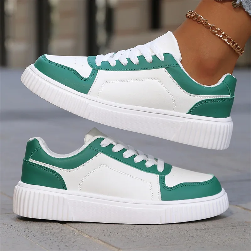 Women Casual Shoes Thick Sole Lace Up White Sneakers Walking PU Leather Outdoor Female White Flat Board Shoes Luxury Fashion