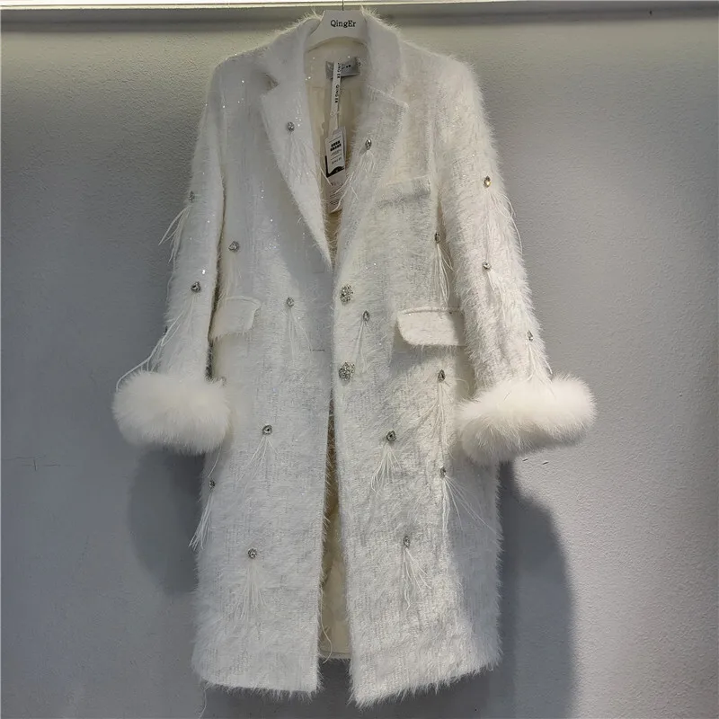 WTHT 2024 Winter Trendy Women's Spliced Diamonds Feather Quilted Long Coat Lapel Solid Color Warm Jacket Female 1LS581