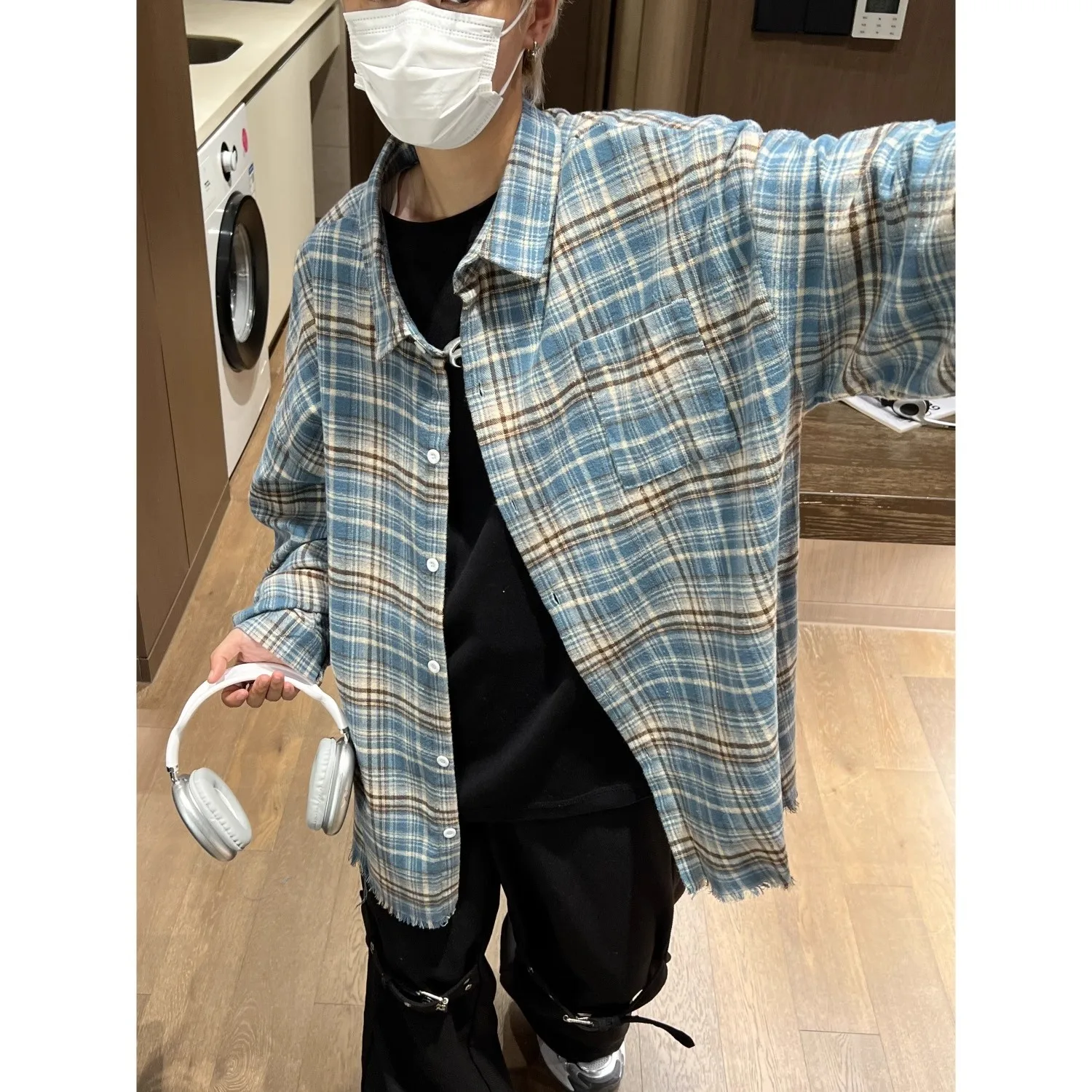 

Мужская клетчатая повседневная длинная све, большой размер 300, свободная осенняя верхняя одежда, винтажная американская молодежная мода