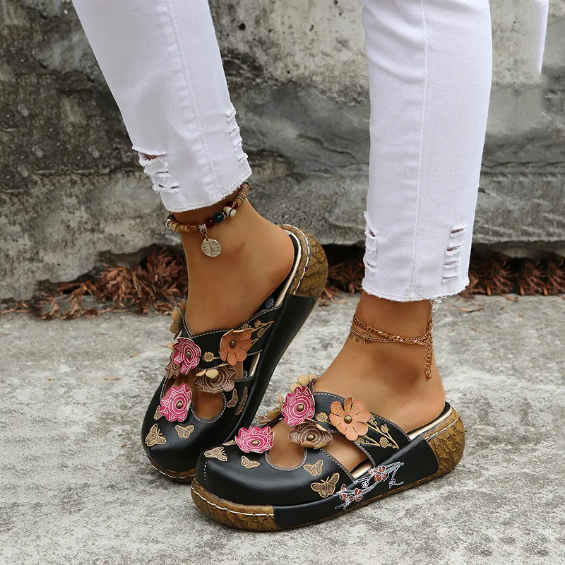 2024 Summer New Baotou Ethnic Slippers Bottom Flower Handmade Thick Sole Retro Women\'s Platform Sandals Zapatillas Mujer