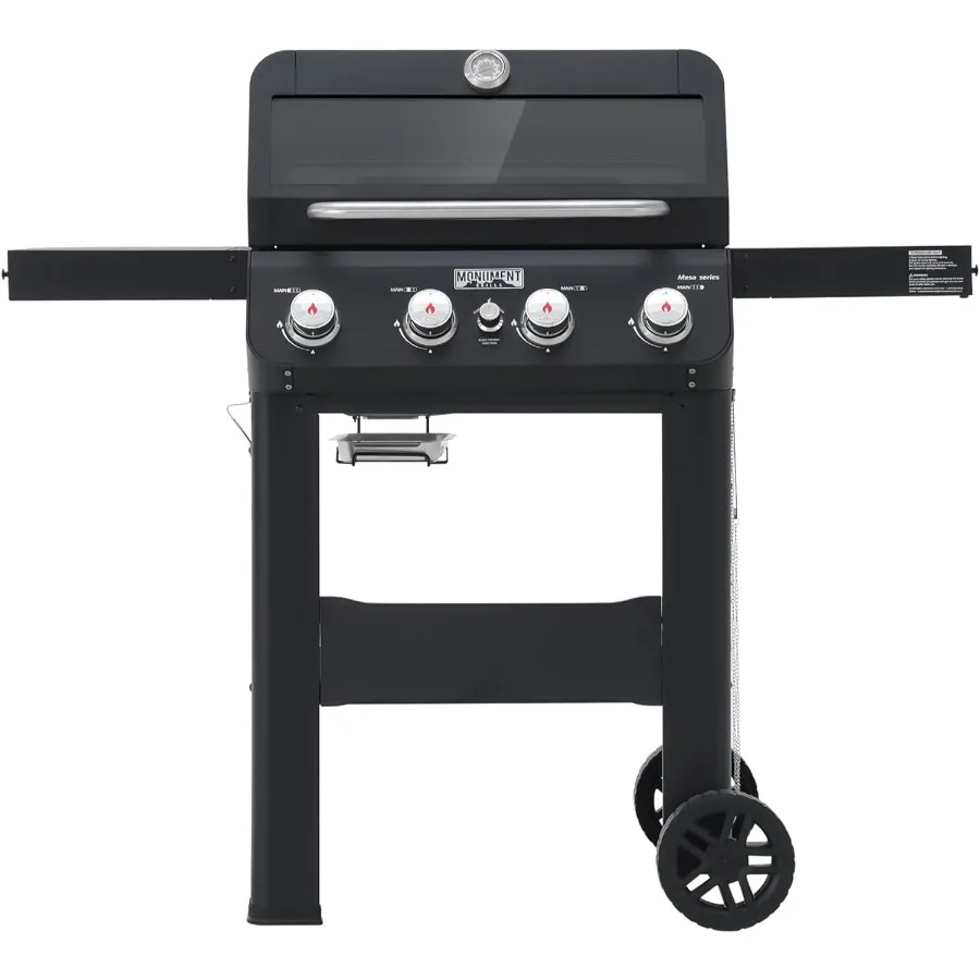 

4-Burner Liquid Propane Gas Grill Matte Black Stainless Steel Burner Grill with Clearview Lid and One Foldable Shelf for Outdoo