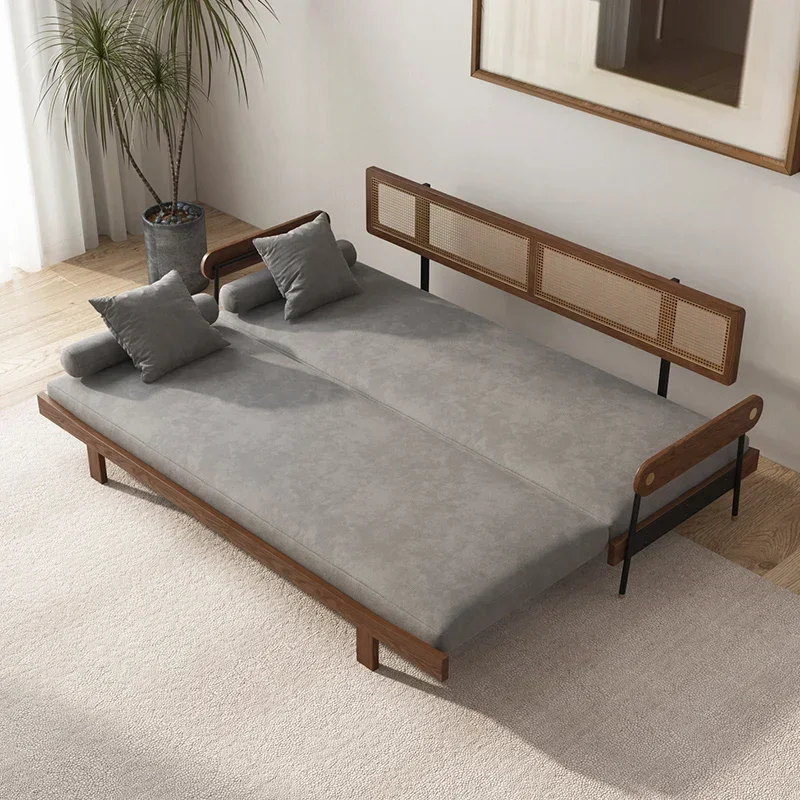 A Nordic simple solid wood sofa bed push-pull foldable dual-purpose modern small apartment space-saving multi-functional sofa