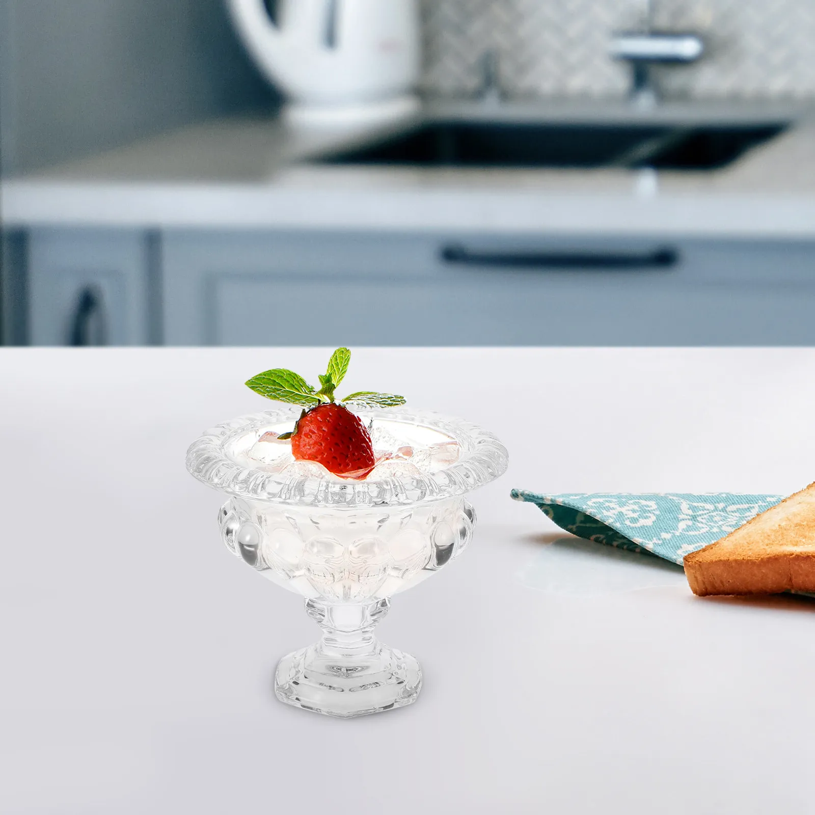 Pedestal Glass Dessert Bowls Embossed Transparent Ice Cream Cups European Design for Parties Trifle Fruit Cold Drinks Dessert view 3