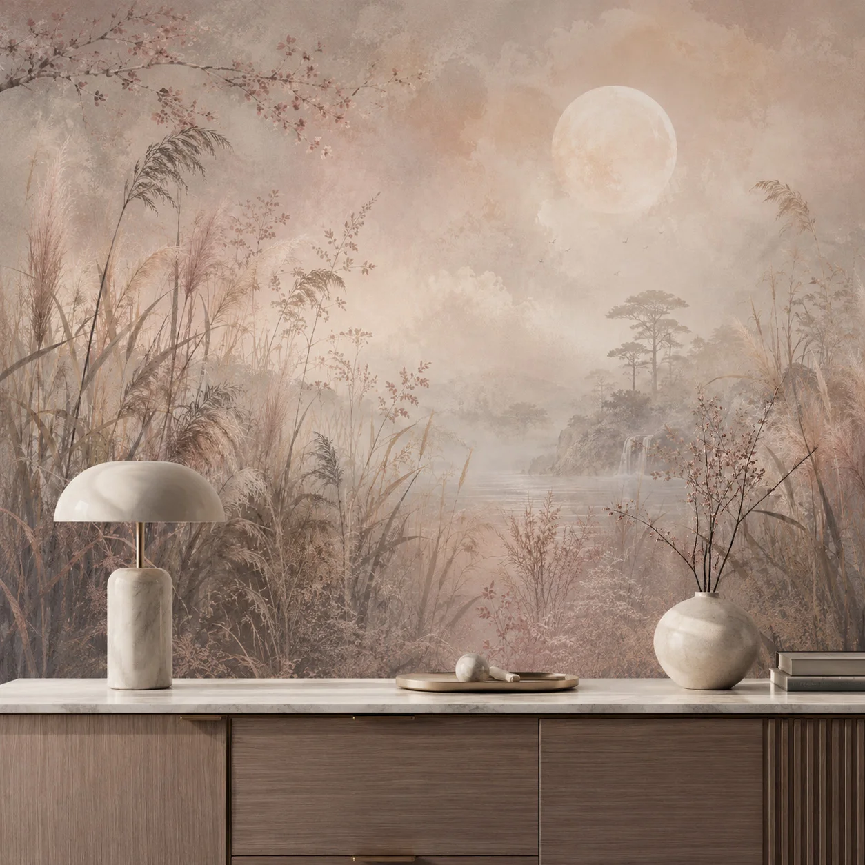 Large Neutral Beige Full Moon Landscape Wall Mural Wallpaper Misty Reeds Waterfall Nature Living Room Bedroom Non Self Adhesive