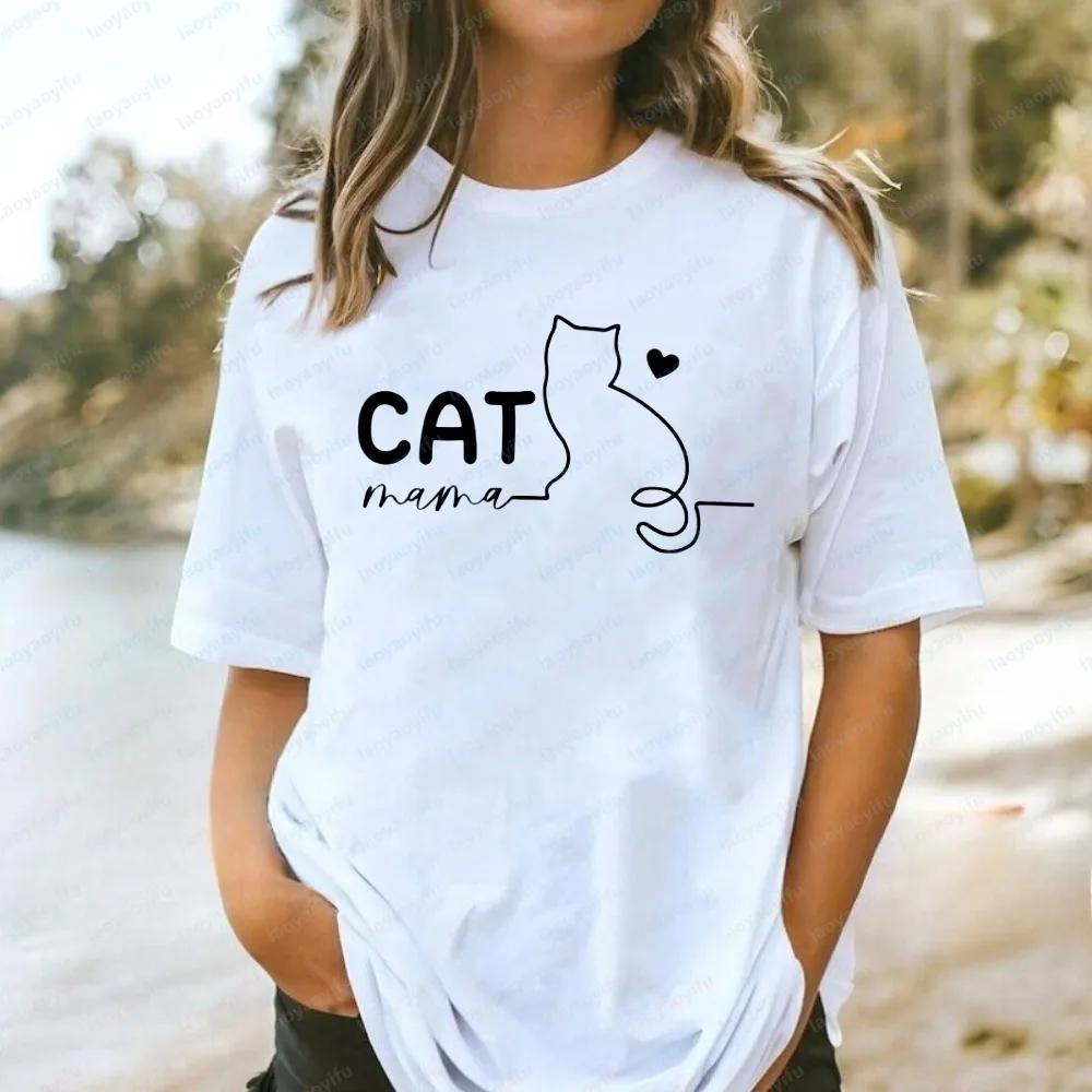 Cat Mama Cotton T-Shirt Simple Harajuku Print Tee Unique Cat Owner Gift Idea Mothers Day Cat Lover Gift Kawaii Clothes for Women