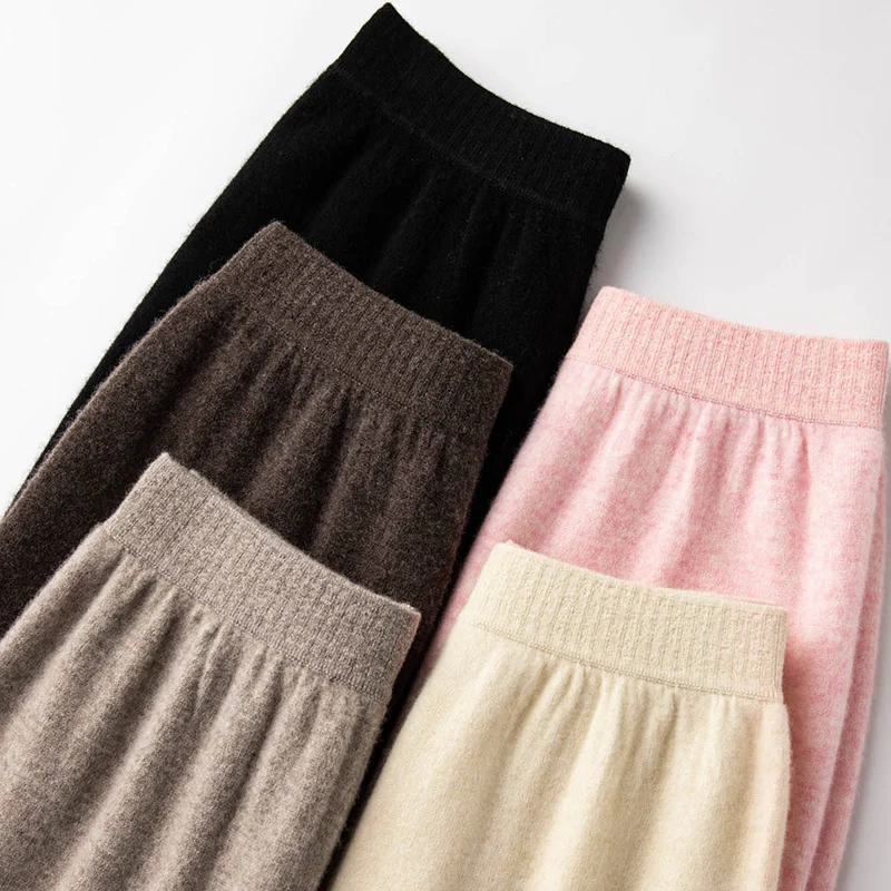 Women Wool Pants 100% Australian Wool Knitted Wide Leg Pant 2023 Winter Warm Long Trousers Pure Woolen Female Leggings JA01