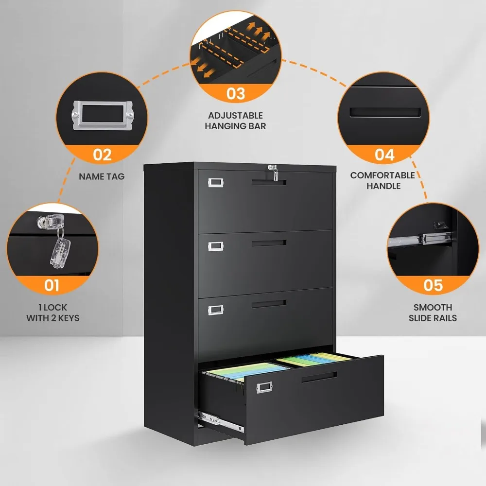 خزانة ملفات بأربعة أدراج بقفل معدني للمكتب المنزلي، حل تخزين أسود مع أمان وتنظيم