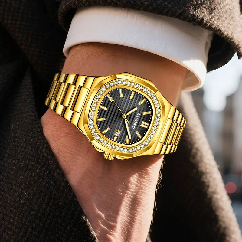 BANGWEI Square Gold Watch For Men Fashion Business Watch Men's Top Brand Luxury Sports Waterproof Luminous Quartz Men's Watches