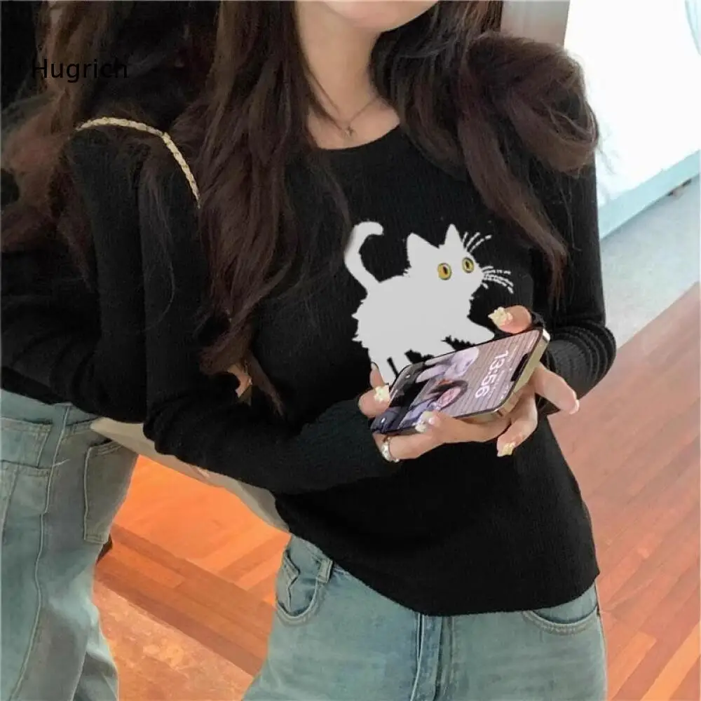 Ladies Ribbed Long Sleeve Knit Shirt Adorable Cat Print Slim Fit Basic Top To Pair with Jeans and Various Bottoms In Daily Life