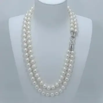 

natural 8-9mm white freshwater pearl Hand knotted 2row double necklace fine jewelry 17-18inch