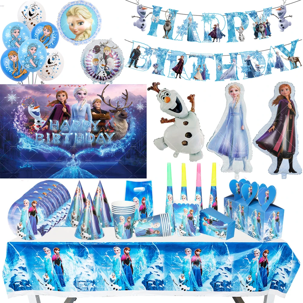 Disney Frozen Balloon Anna Elsa Princess Birthday Banner Snow Queen Party Decor Girl Disposable Tableware Cake Topper Background