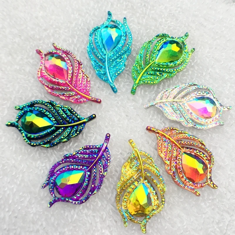 Bling 20pcs 20*38mm Cute AB Leaf &Phoenix down RhinestoneFlatback button Cabochon Appliques/Wedding Decoration Craft