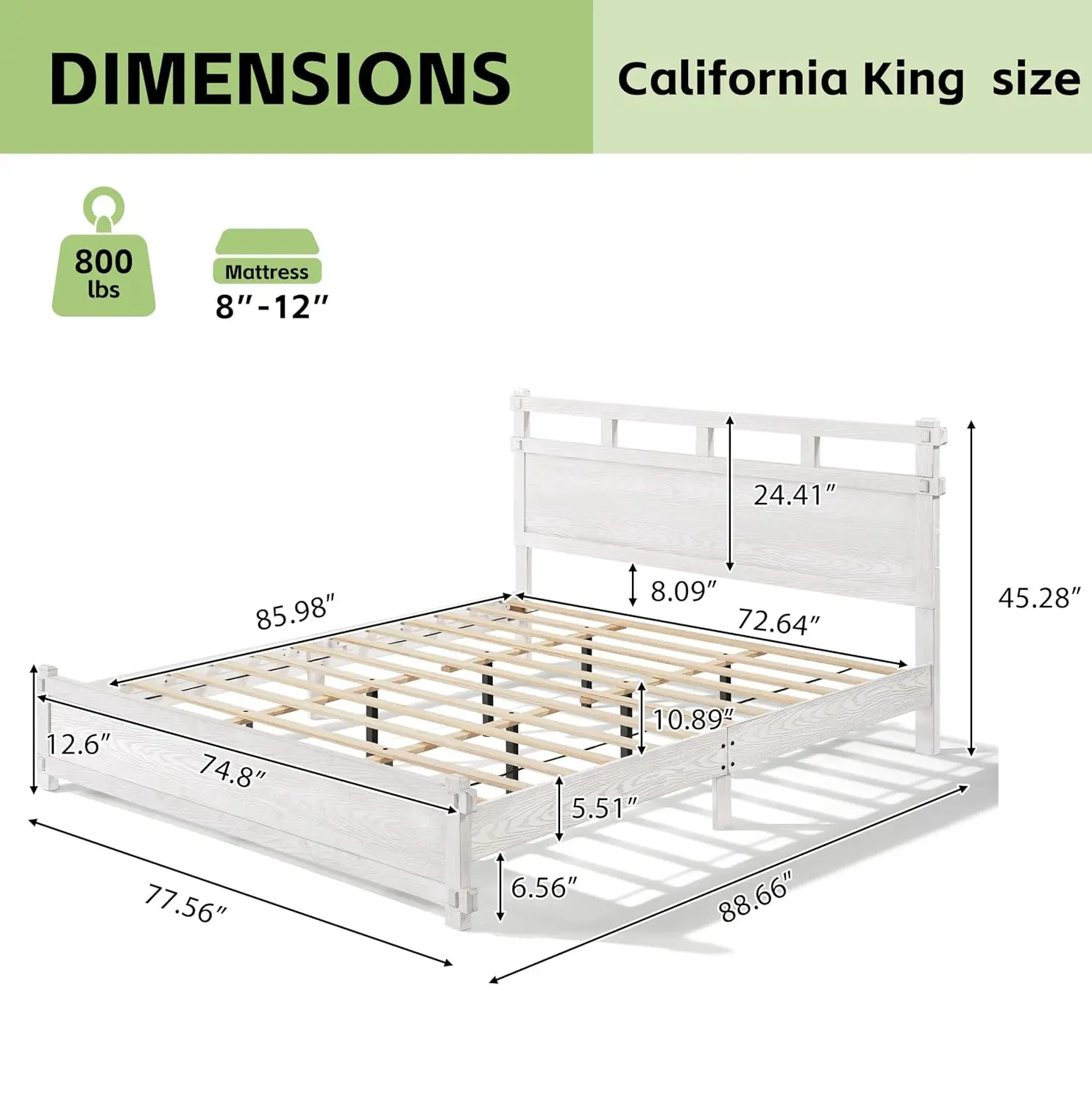Farmhouse Cal King Bed Frame Wooden Two Tier Headboard Wood Slat Support Platform No Box Spring Antique White, Customized