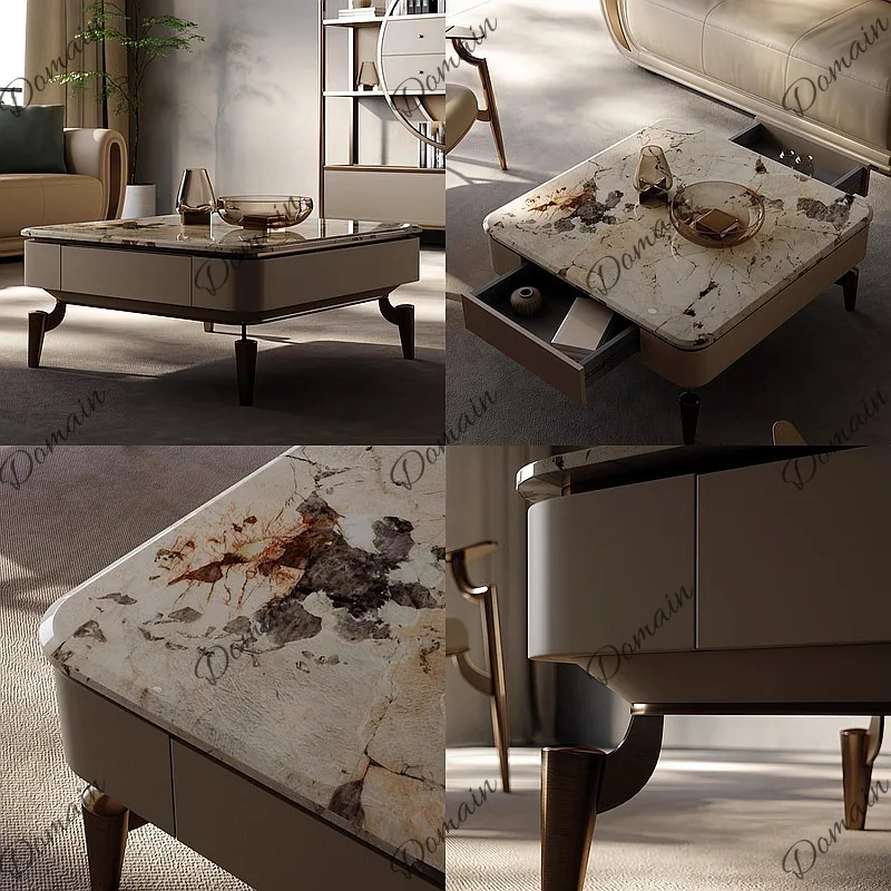 Italian Luxury Square Coffee Table Modern Minimalist Living Room Small Apartment Pandora Stone Marble Look Gold Base
