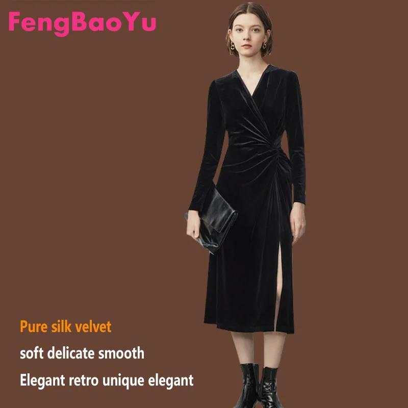 Fengbaoy-French Senior Sense Velvet Long Skirt, Slim, V-neck, Soft Luster, Little Black Dress, Spring, Autumn, New