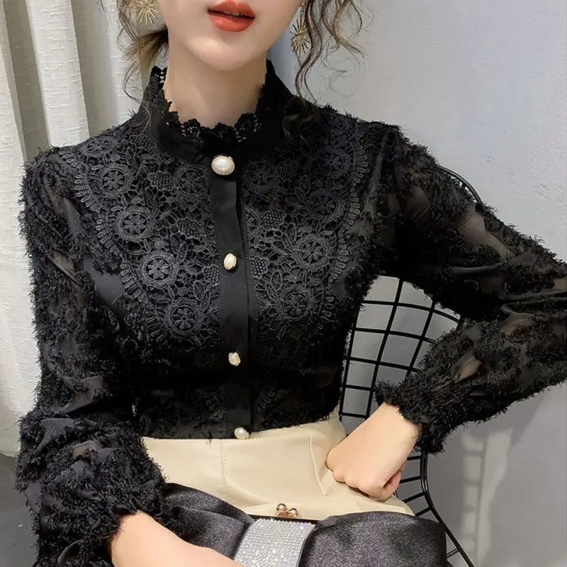 Women Korean Fashion Sexy Lace Beaded Button Shirts Vintage Elegant Stand Collar Blouse Black White Long Sleeve Slim Tops Blusas