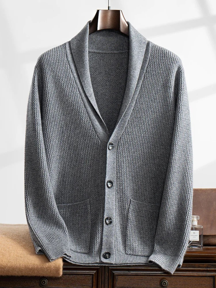 Men's Sweater 100% Cashmere Knitwear Thick Cardigan Smart Casual Shawl Collar Tops Autumn Winter Warm Buttons Pockets Clothing