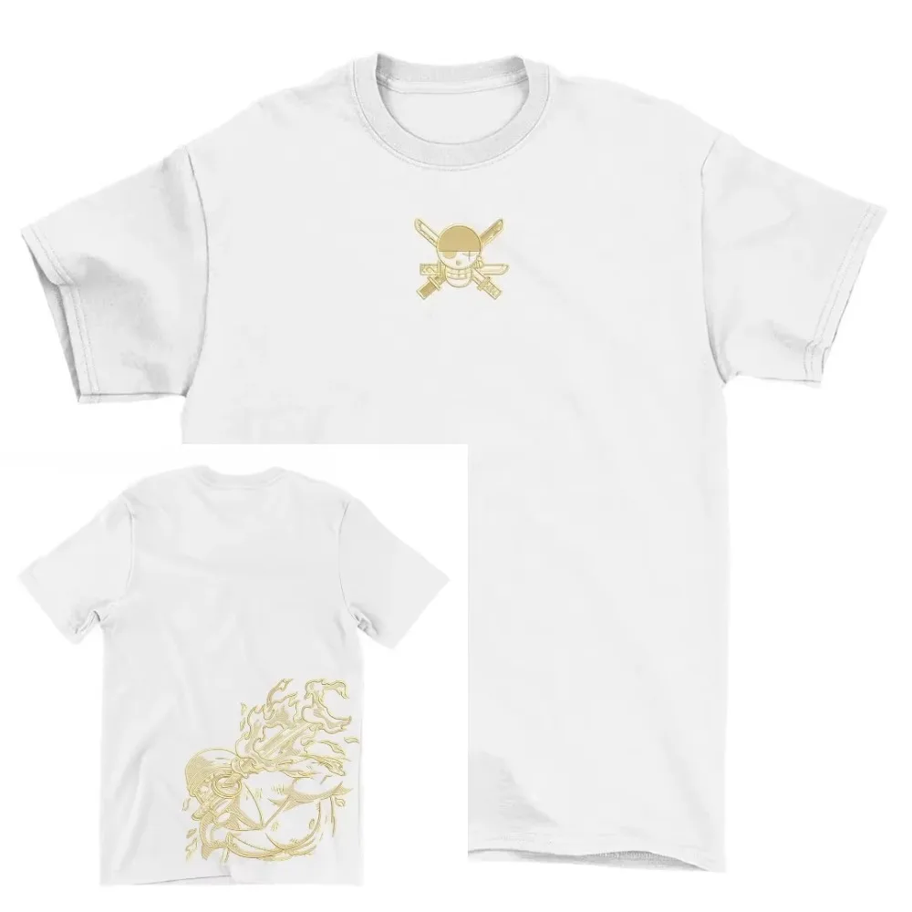 

Цельная коллекция аниме-футболок, хлопковые футболки с черепом Луффи Зоро, пиратский логотип, золотая линия, художественные принты, круглый вырез, летняя мода ​