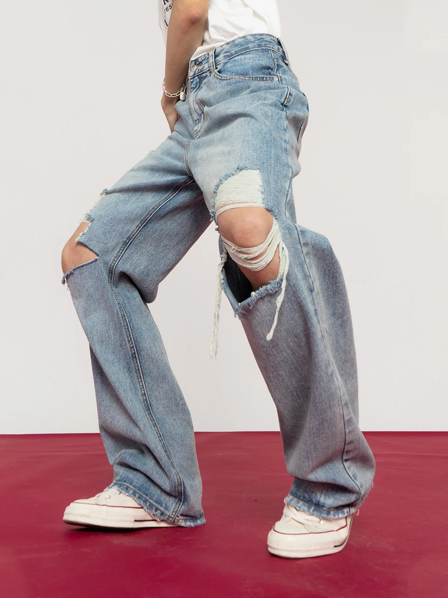 

CLP Men's Loose Fit Straight Leg Jeans Distressed Washed out Casual Versatile Retro Trendy Brand Citylaziestplayer