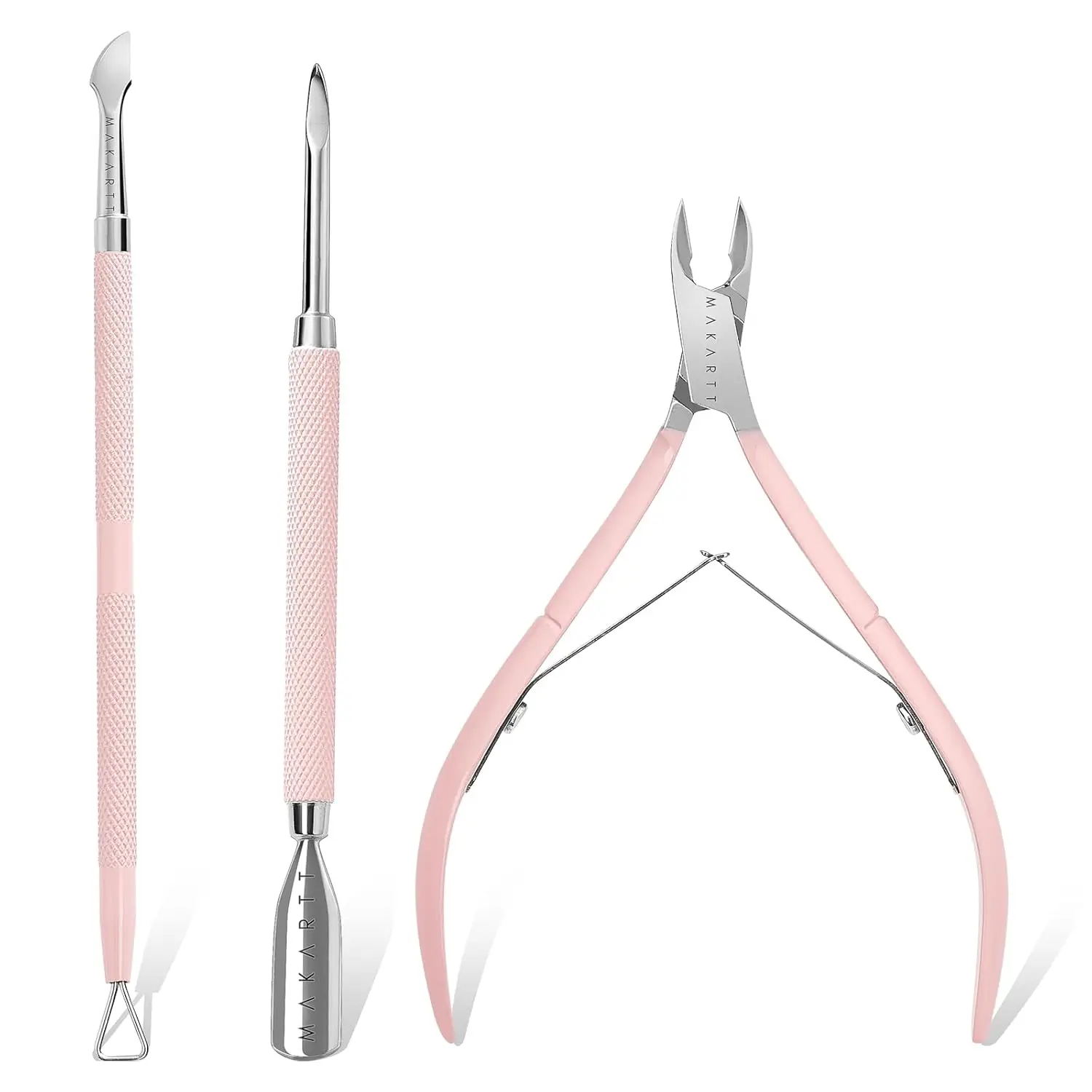 3 PCS Cuticle Trimmer Set with Pusher & Scraper, Pink Nail Nipper Professional Manicure Tools, Stainless Steel Dual End Pusher