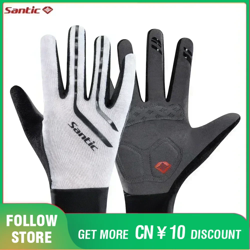 Santic Summer Full Finger Cycling Gloves Men\'s Pro MTB Riding Protective Gear Outdoor Shockproof Breathable Non-slip Bike Gloves